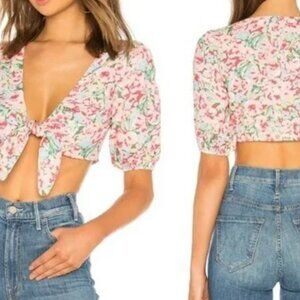 LPA Tie Front Top With Puff Sleeves - Pink Blooms - Size S